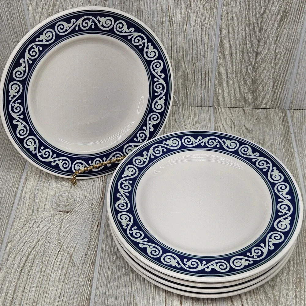 Pier 1 Vitra Scroll Salad Plates Set of 5 Navy Blue White Ironstone Brazil 8